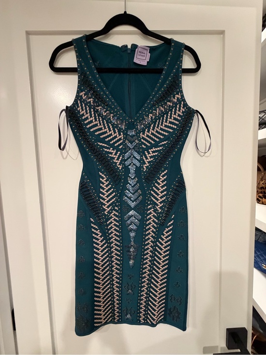 Herve Leger Dresses & Skirts - Herve Leger Teal Beaded V-Neck Mini Dress